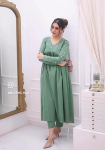 Olive Embroidered Nyra Cut Cotton Kurta Pant Set