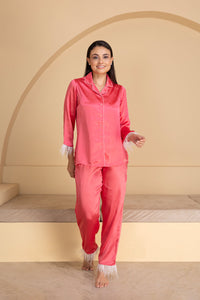 Satin Night Suit Set With Feather