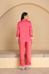 Satin Night Suit Set With Feather