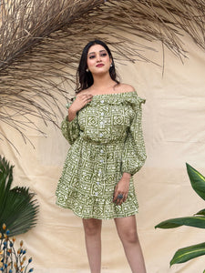 Off shoulder Green Short Cotton Dress
