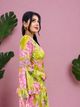 Boho Green Floral Foil Printed Long Dress Ruffle Sleeves