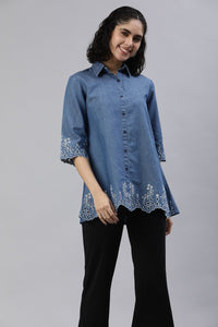 Shirt collar denim top with cutwork embroidery