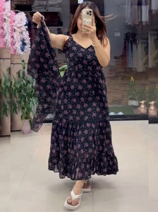 FIRANA-Flared Tiered Georgette Gown with Jacket