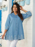 Shirt collar denim top with cutwork embroidery