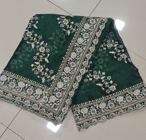 Green Diamond Hand Work New Party Wear Launching Designer saree
