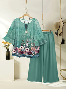 VerdaFlora 2-Piece – Elastic Waist Pants & Floral Tee