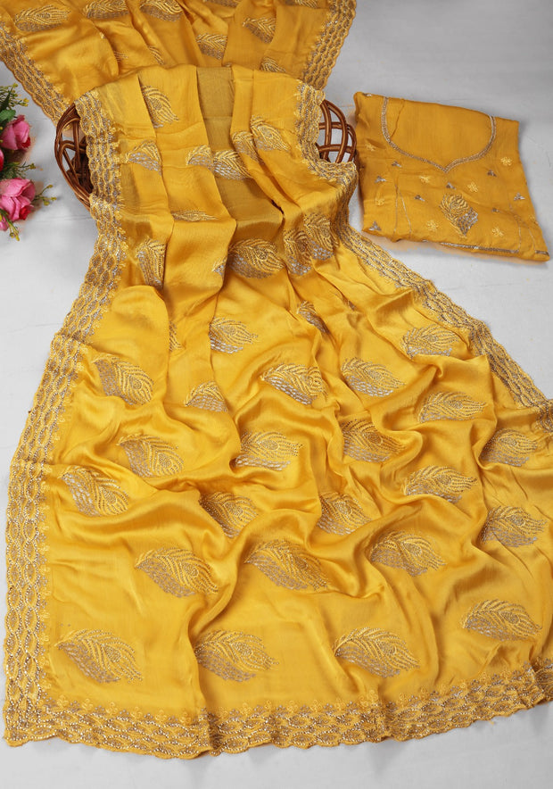 Heavy jarkan work sartin chiffon saree with blouse